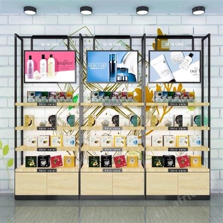 化妆品货架展示架展示柜 美妆展示柜 彩妆展示柜 自由组合背柜铁质木纹烤漆陈列柜靠墙展柜定做展柜厂