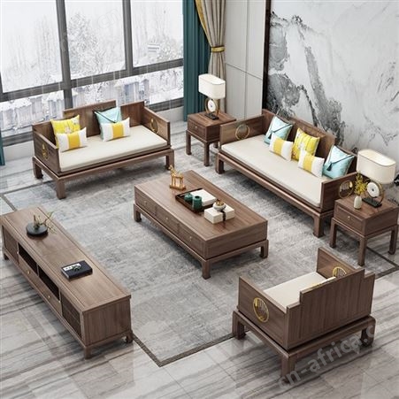 禅意酒店别墅样板房组合新中式实木沙发简约现代乌金木家具