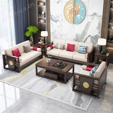 新中式实木沙发茶几组合设计 大小户型客厅可拆洗布艺沙发现代简约家具HS-102